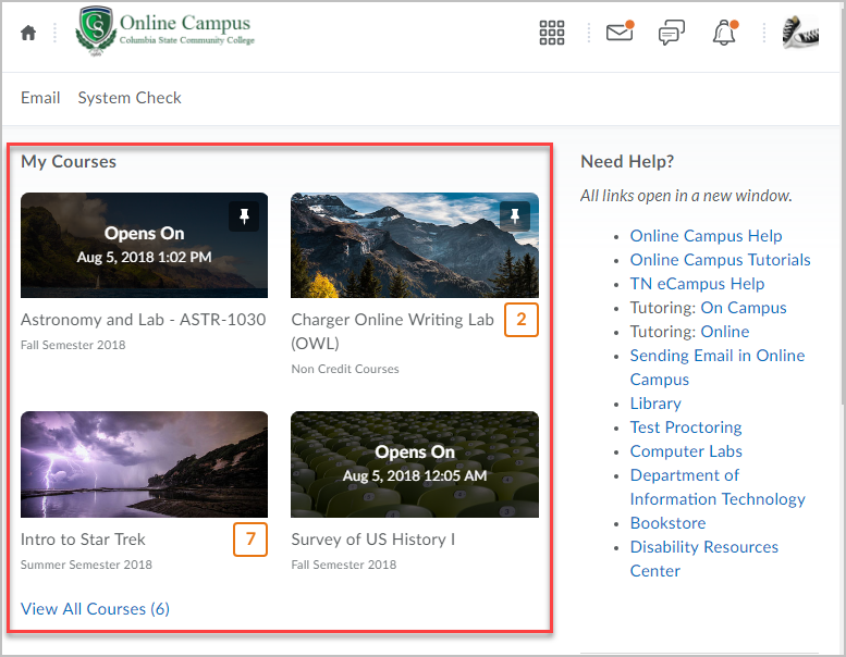 Online Campus - My Home page with My Courses widget highlighted