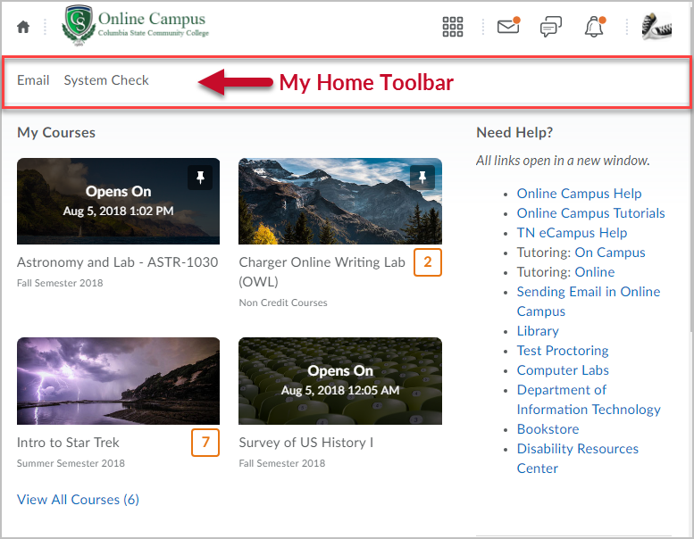 Online Campus - My Home page with My Home Toolbar highlighted