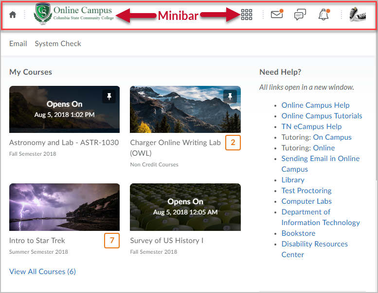 Online Campus homepage with minibar highlighted