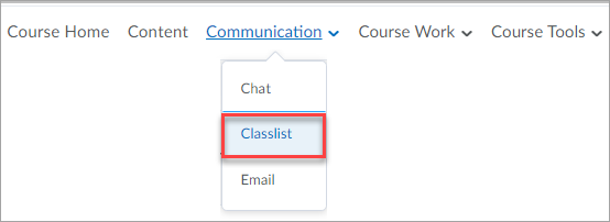 Online Campus - Course home with Classlist under the communication menu item selected.